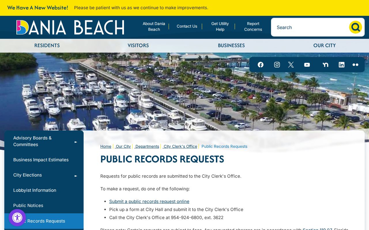 Dania Beach public records request page for municipal files