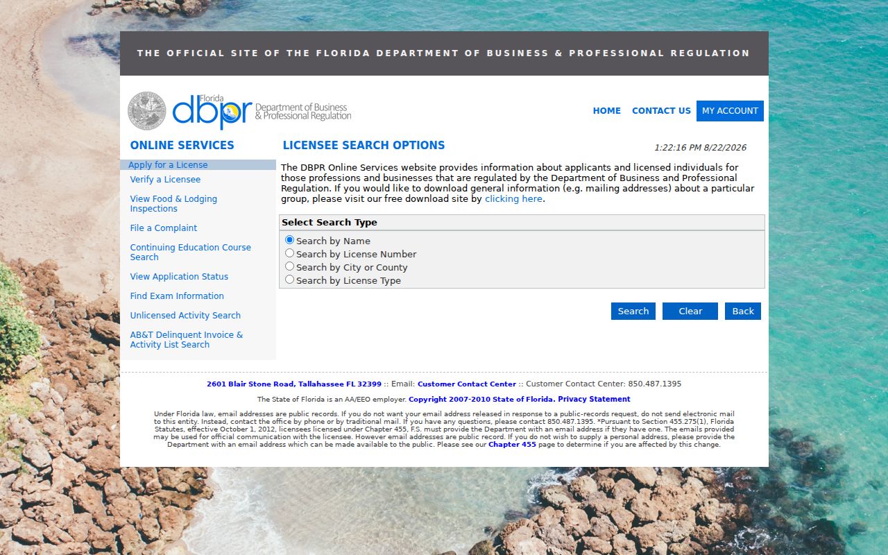 Florida license verification search used to check a Dania Beach name