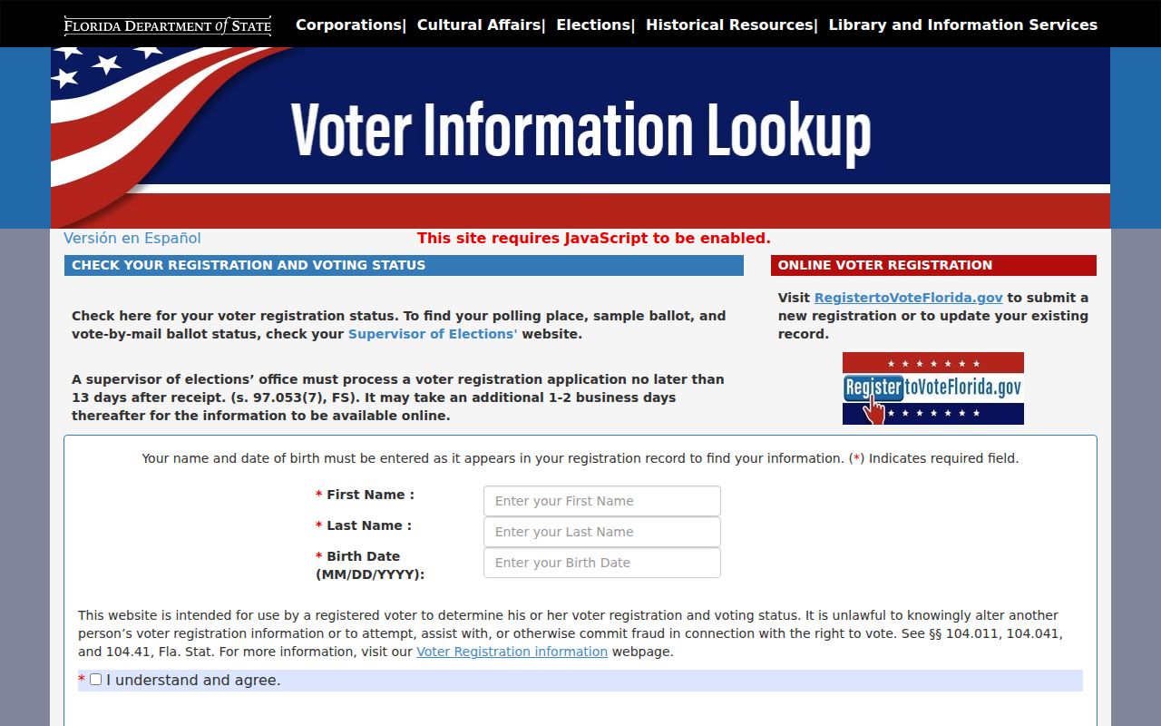 Florida voter status form for an individual Dania Beach resident lookup