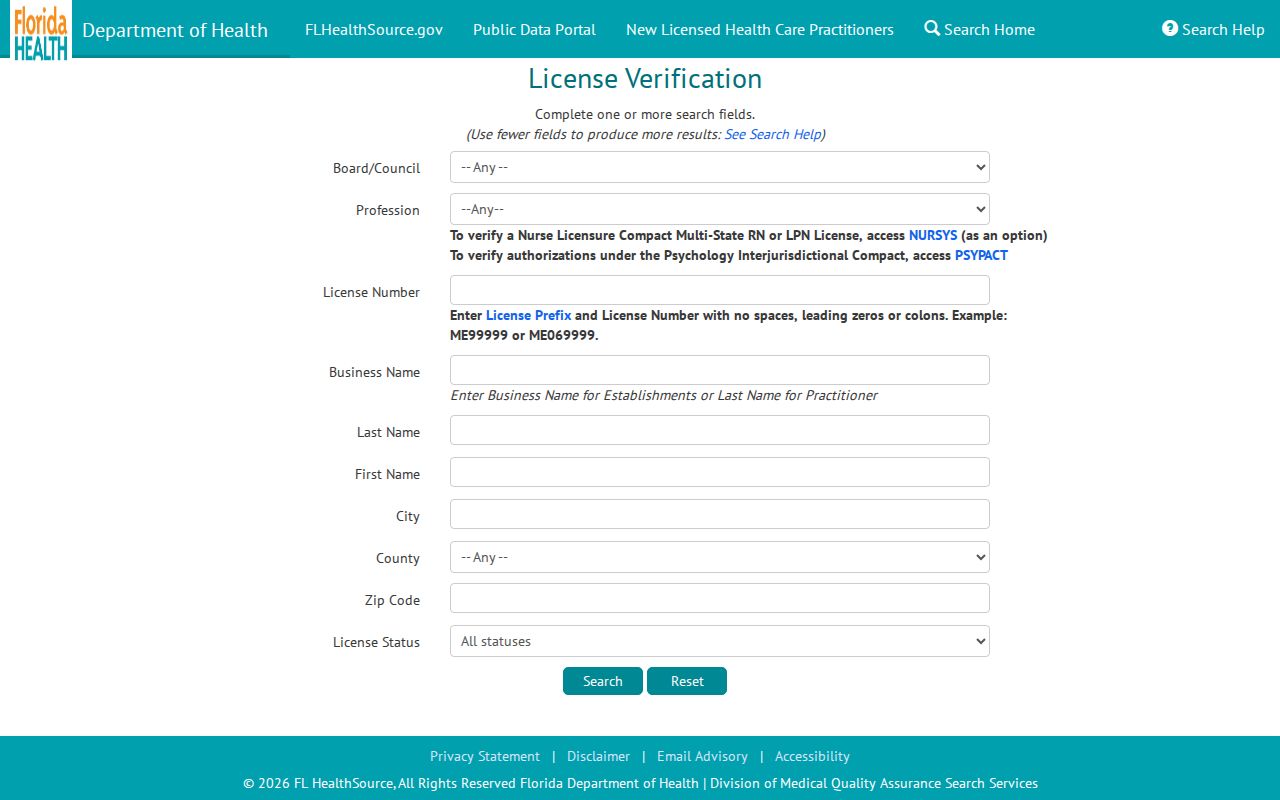 Florida MQA health provider search used for a Dania Beach resident lookup